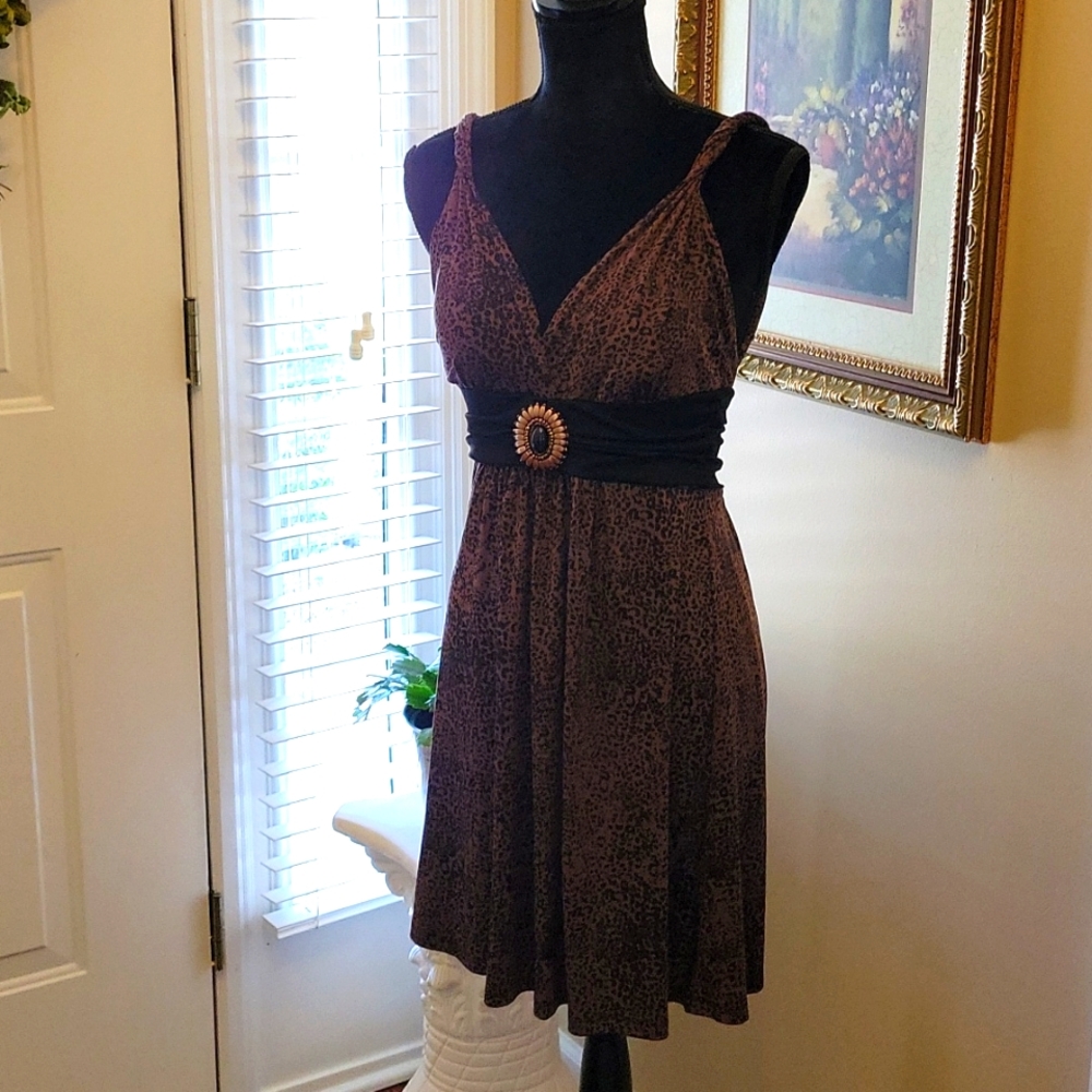 Candie's black brown animal print stretch dress empire waist bead trim Med EUC…